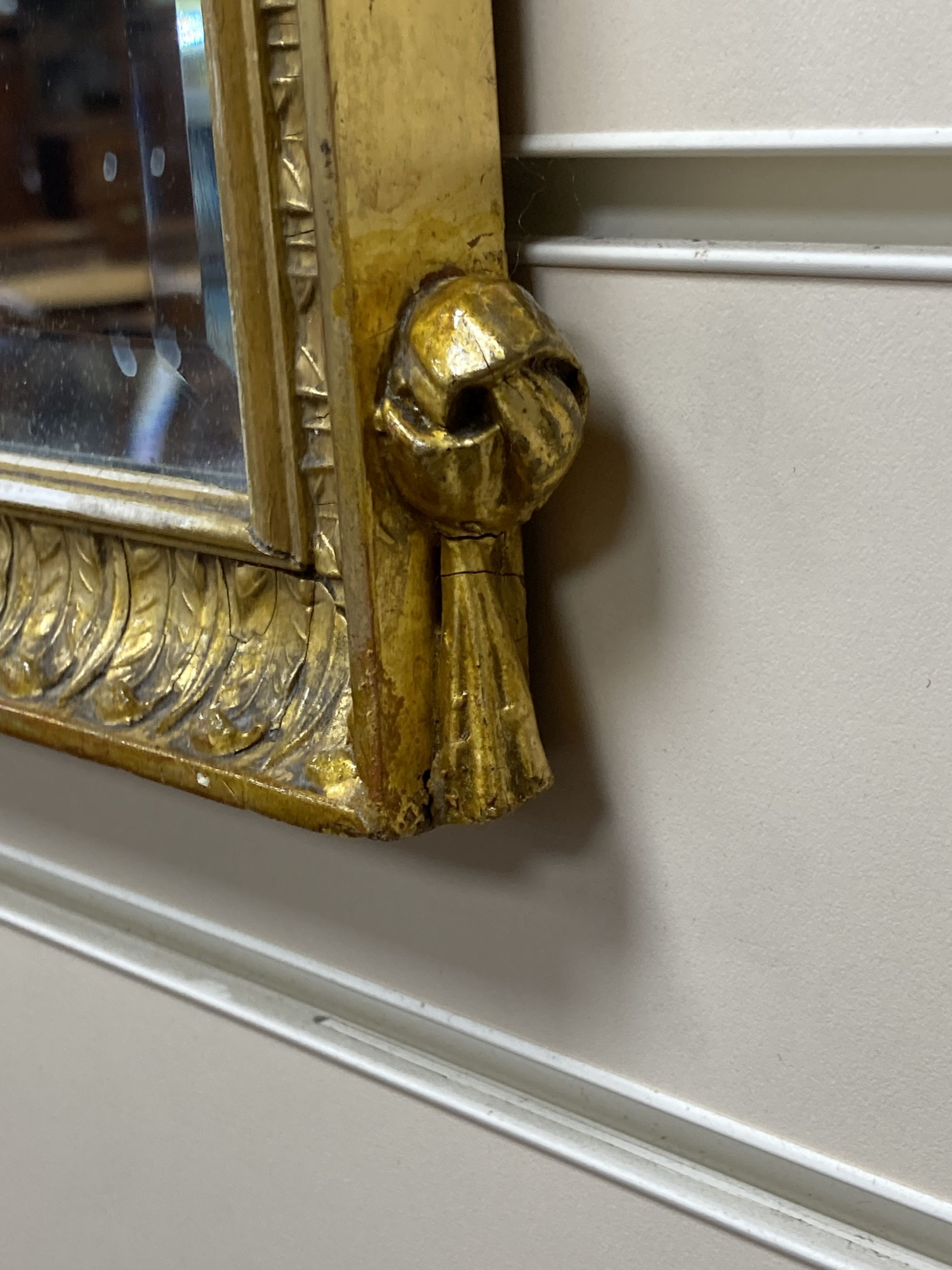A 19th century giltwood and gesso rectangular chimney glass with faux jasperware pediment, width 44cm, height 93cm